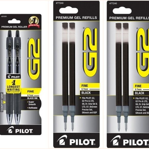 Pilot G2 Retractable Gel Ball Pen 0.7mm 2/Pk Black w/2 Refill Office School Home - Picture 1 of 1
